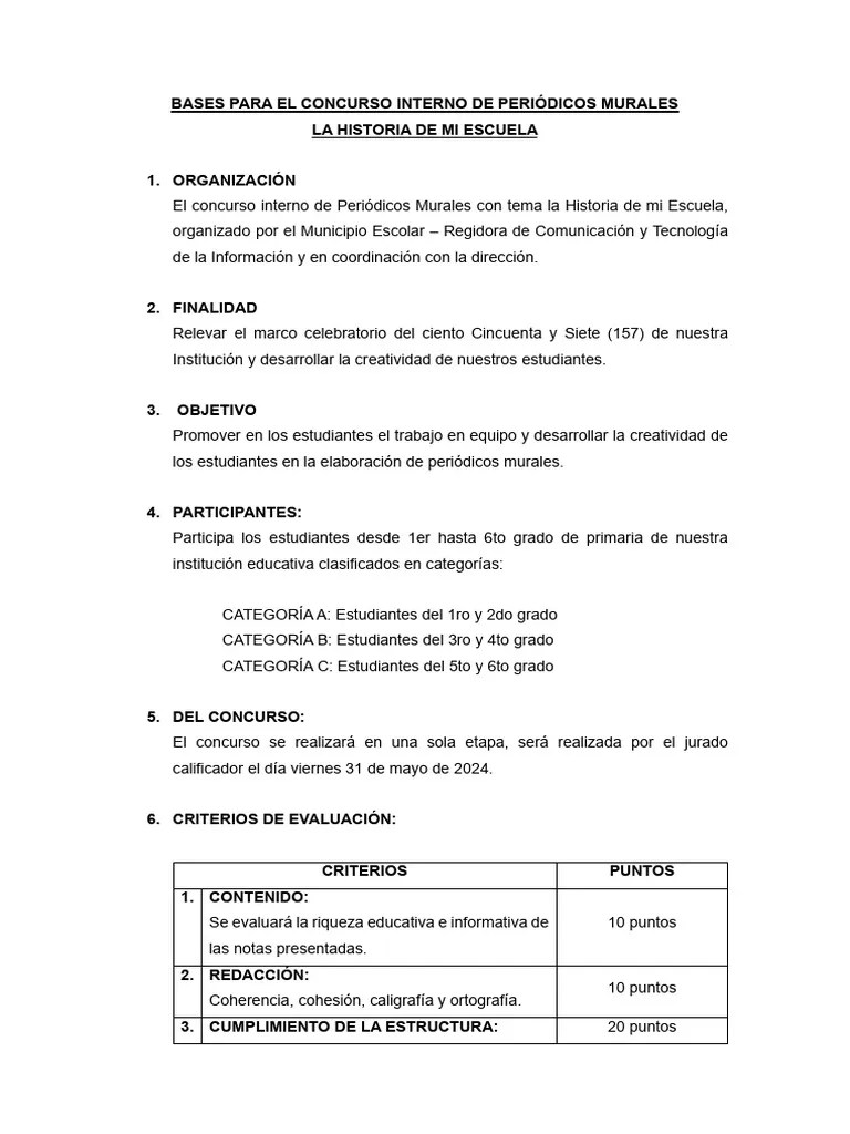 BASES PARA EL CONCURSO DE PERIÓDICOS MURALES-MUNICIPIO ESCOLAR 2024-3ro C | PDF
