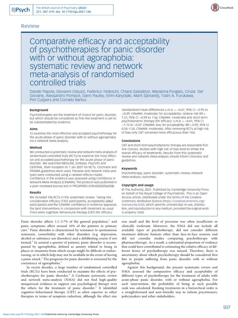Comparative Efficacy And Acceptability Of Psychotherapies For Panic ...
