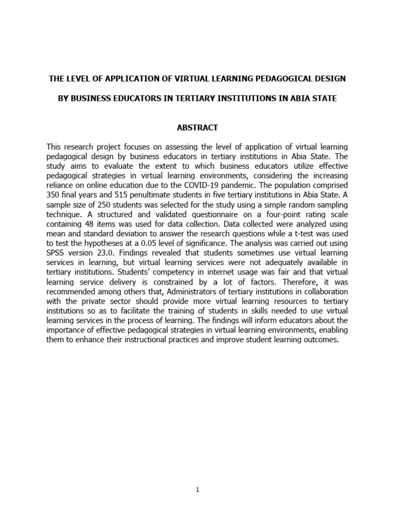 The Level Of Application Of Virtual Learning Pedagogical Design By Business Educators In ...