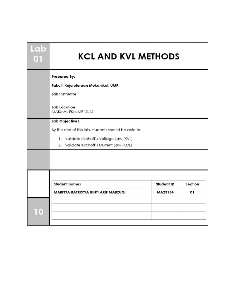 Lab_01_kcl And Kvl ( Ma23134 ) | Download Free PDF | Network Analysis ...