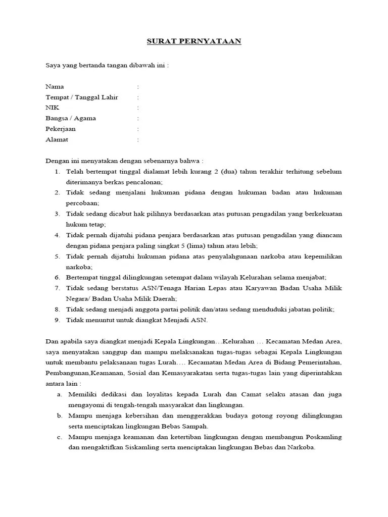 SURAT PERNYATAAN Kepala Lingkungan | PDF