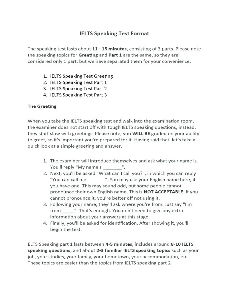 IELTS Speaking Test Format | Download Free PDF | International English Language Testing System