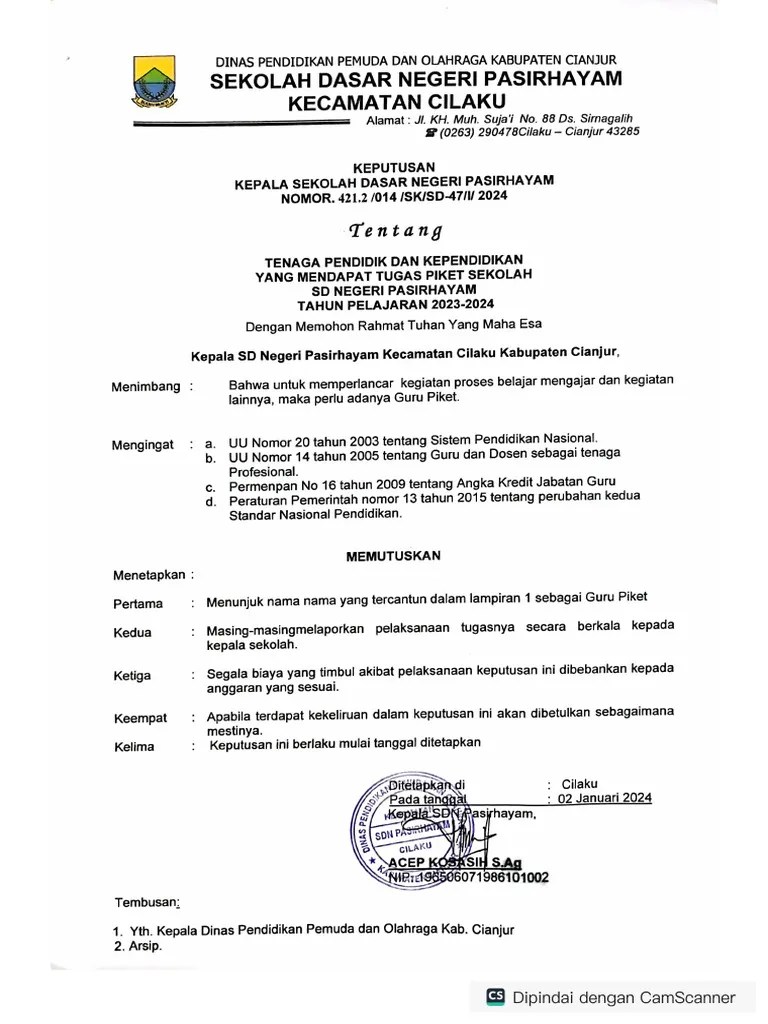 SK Tugas Tambahan Guru Piket | PDF