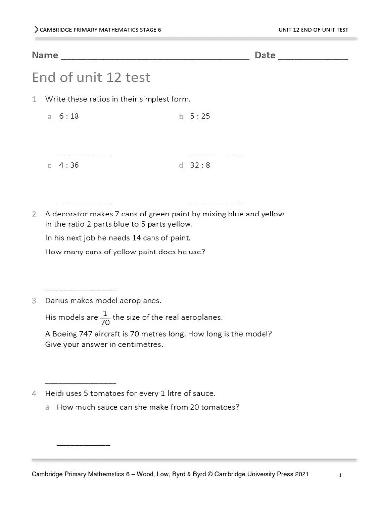 Prim Maths 6 2ed TR Unit 12 Test | PDF