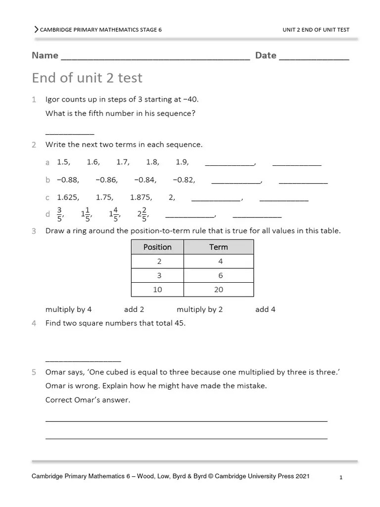 Prim Maths 6 2ed TR Unit 2 Test | PDF