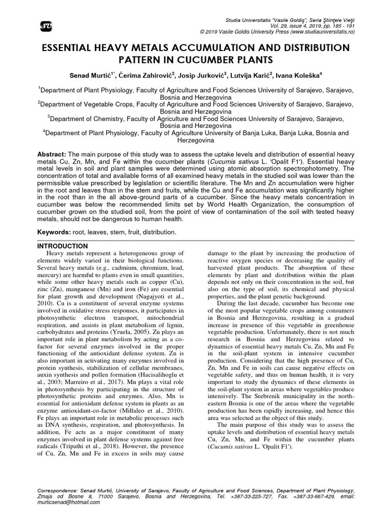 Art. 4 Essential Heavy Metals Accumulation And Distribution Pattern In Cucumber Plants | PDF ...