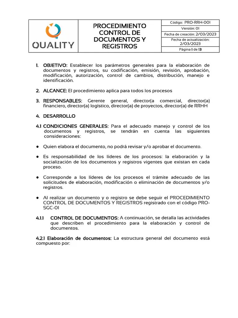 1 PRO-RRH-001 Procedimiento Control De Documentos Y Registros | Descargar Gratis PDF | Archivo ...