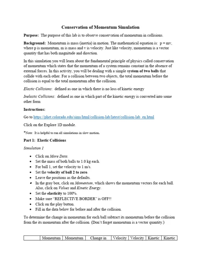 Conservation Of Momentum PhET Lab | PDF | Momentum | Collision