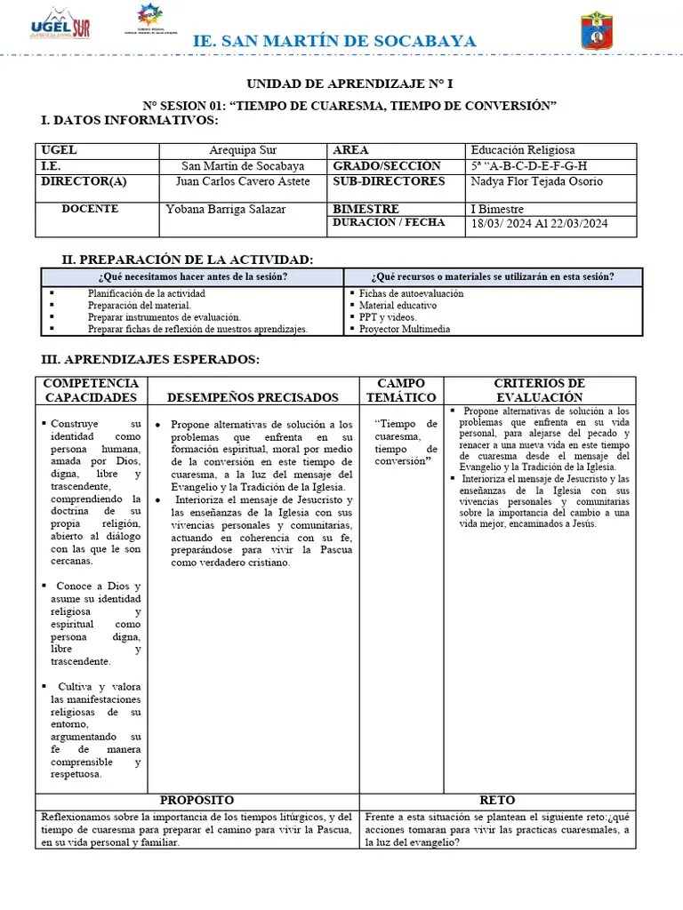 Sesion De Aprendizaje Nº2 2024 Para Cuarto | PDF | Prestado