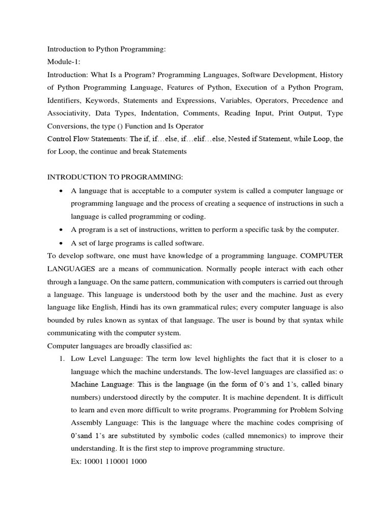 Introduction To Python Programming - Notes | PDF | Computer Program ...