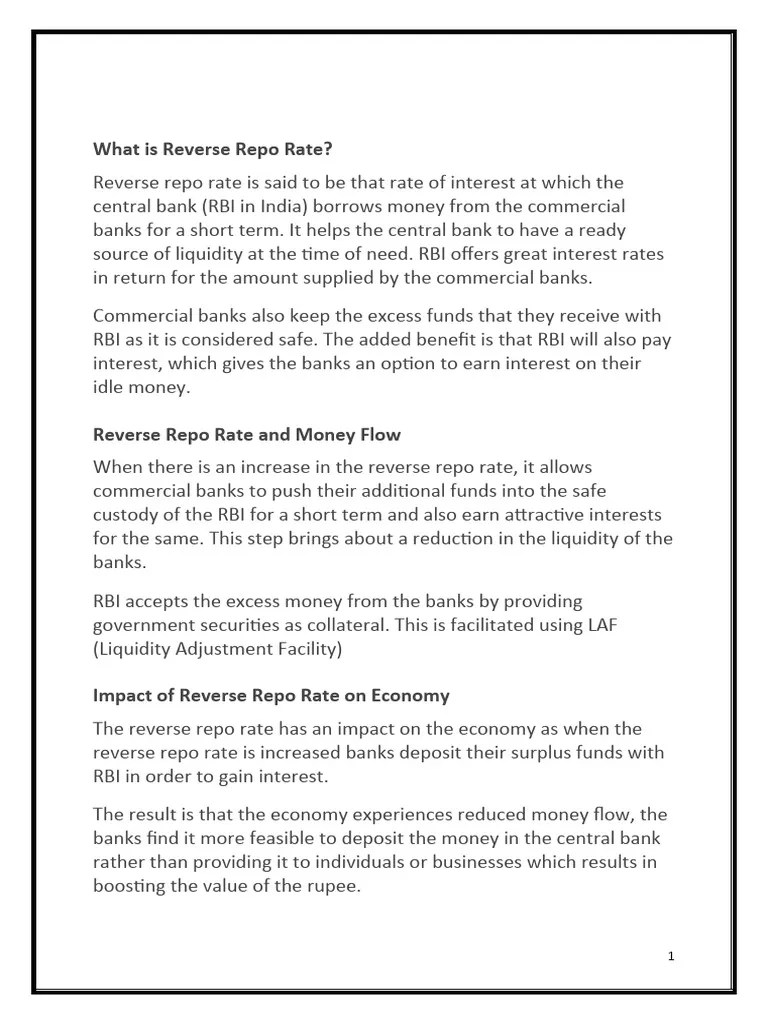 Reverse Repo Rate | PDF | Reserve Bank Of India | Repurchase Agreement