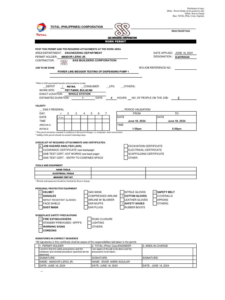 Work Permit - FBT Pandi Bulacan | PDF | Electrician | Safety