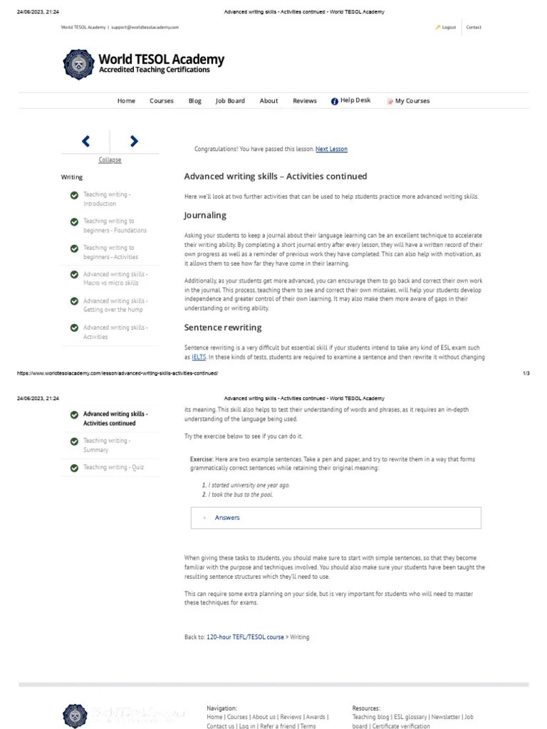 Advanced Writing Skills - Activities Continued - World TESOL Academy ...