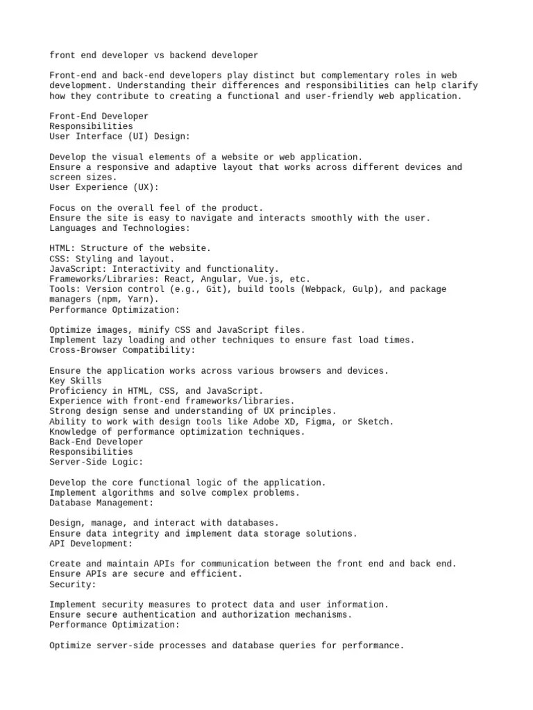 Front End Developer Vs Backend | PDF | Databases | Java Script