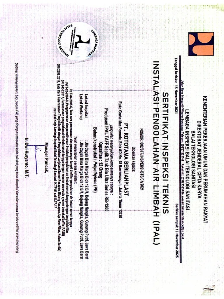 Sertifikat Inspeksi Teknis Instalasi Pen | PDF