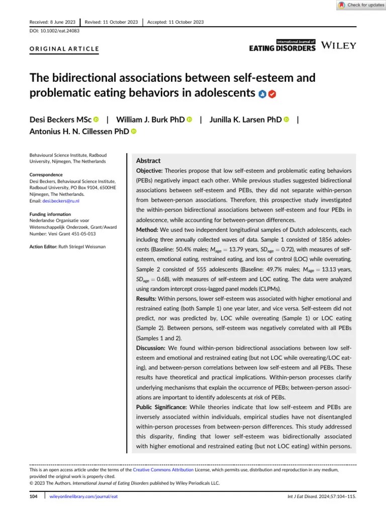 The Bidirectional Associations Between Self Esteem And Problematic Eating | PDF | Self Esteem ...