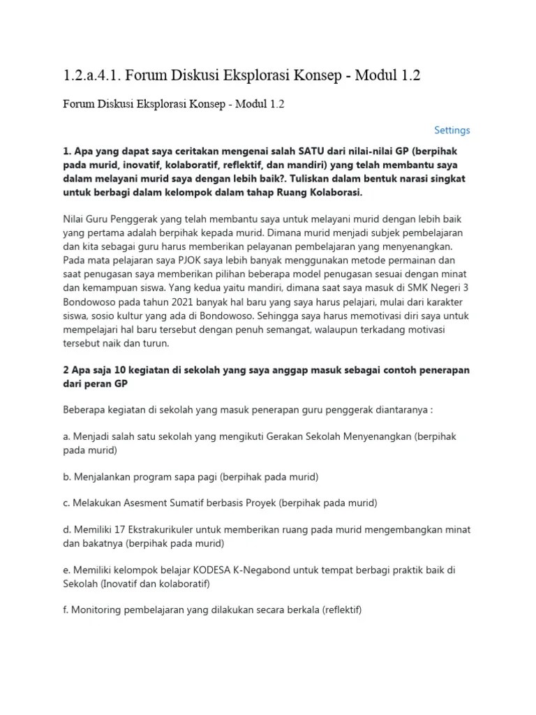 1.2.a.4.1. Forum Diskusi Eksplorasi Konsep - Modul 1.2 (Peran GP Dan Contoh Kegiatan Sekolah) | PDF