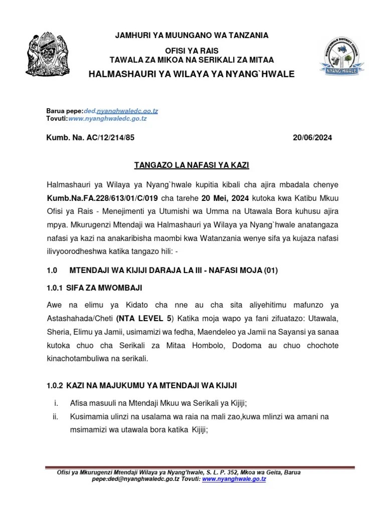 20242006200921tangazo La Kazi Ya Mtendaji Wa Kijiji - Nyanghwale DC | PDF