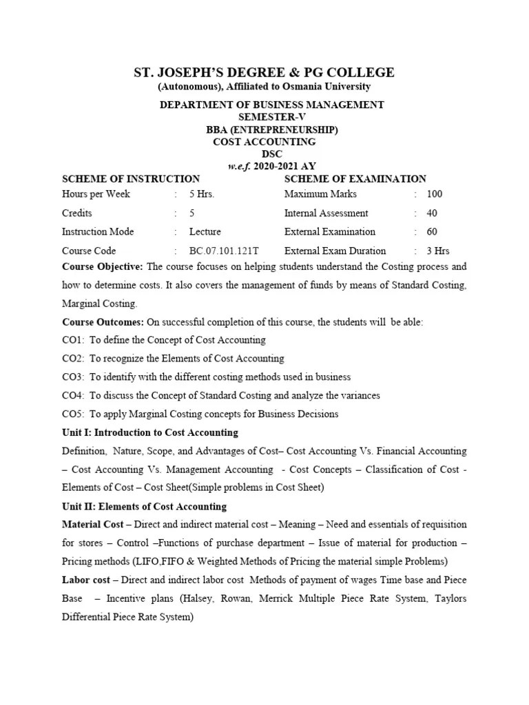 Cost Accounting Syllabus | PDF | Cost Accounting | Management Accounting