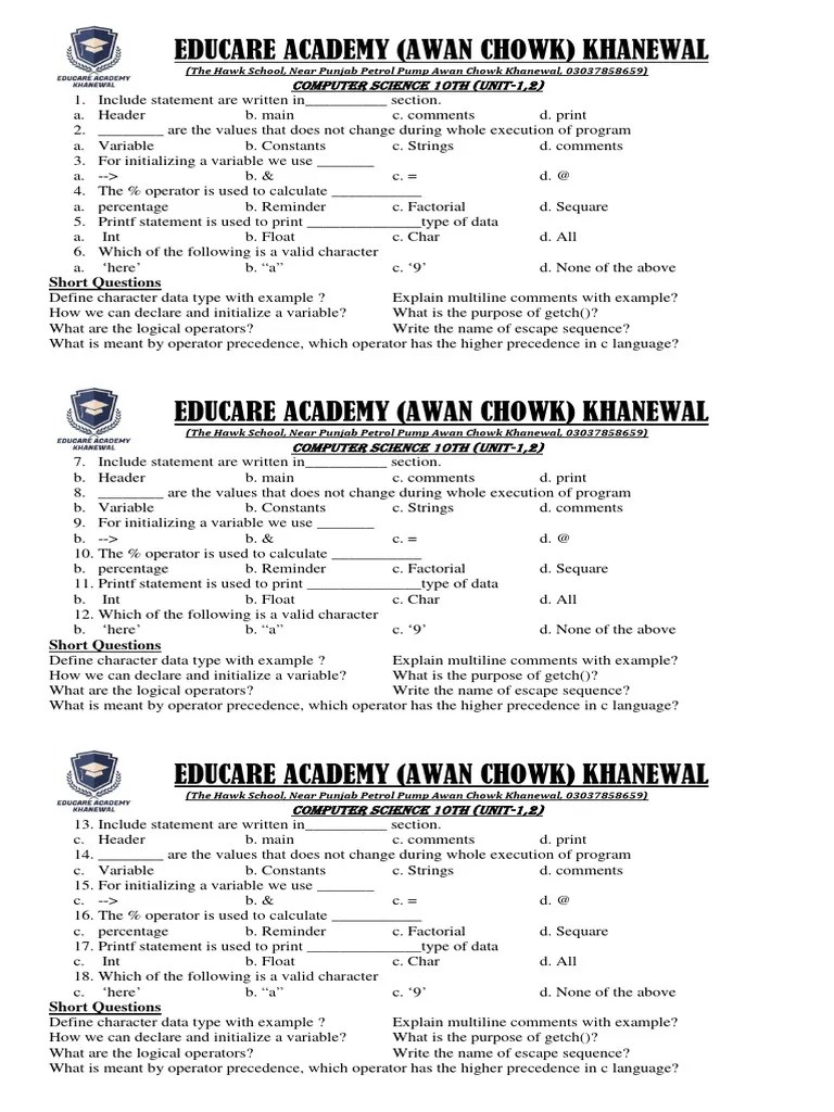 10th CS Test Unit-1-2 | PDF | Computer Program | Programming