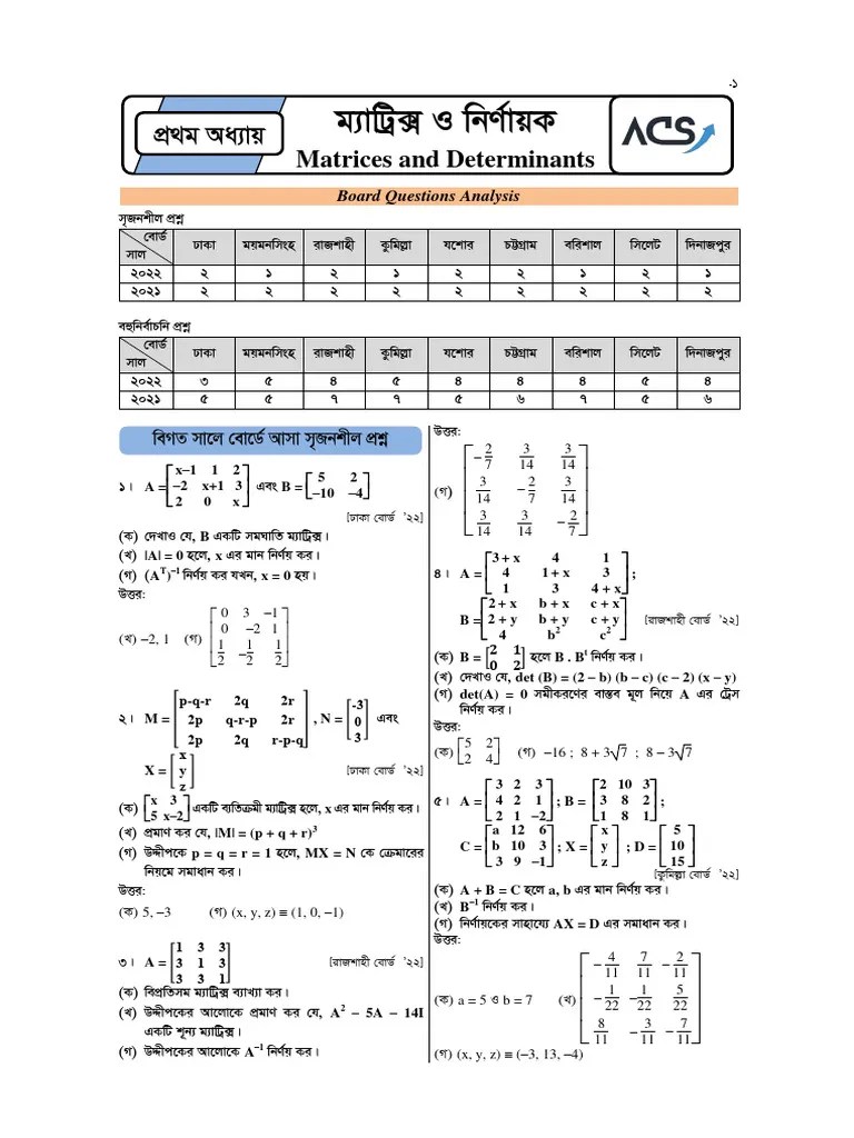 Matrices & Determinants Board CQ & MCQ Practice Sheet | PDF | Mathematics