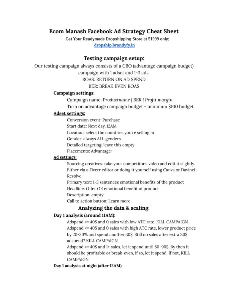 Ecom Manash Facebook Ad Strategy Cheat Sheet | PDF | Business Economics ...