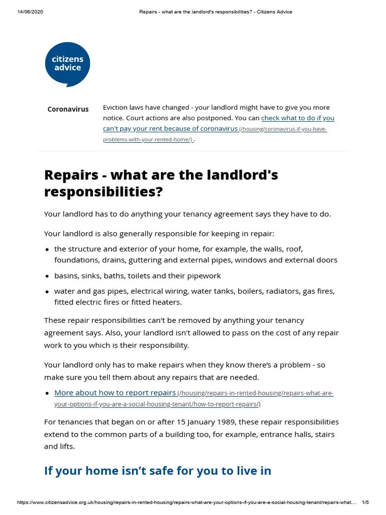 Repairs - What Are The Landlord's Responsibilities_ - Citizens Advice | Download Free PDF ...