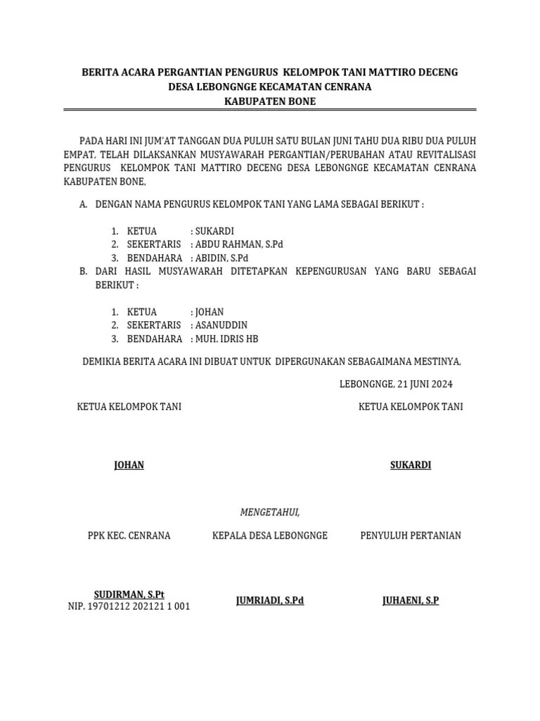 Berita Acara Pergantian Pengurus Kelompok Tani Mattiro Deceng | PDF