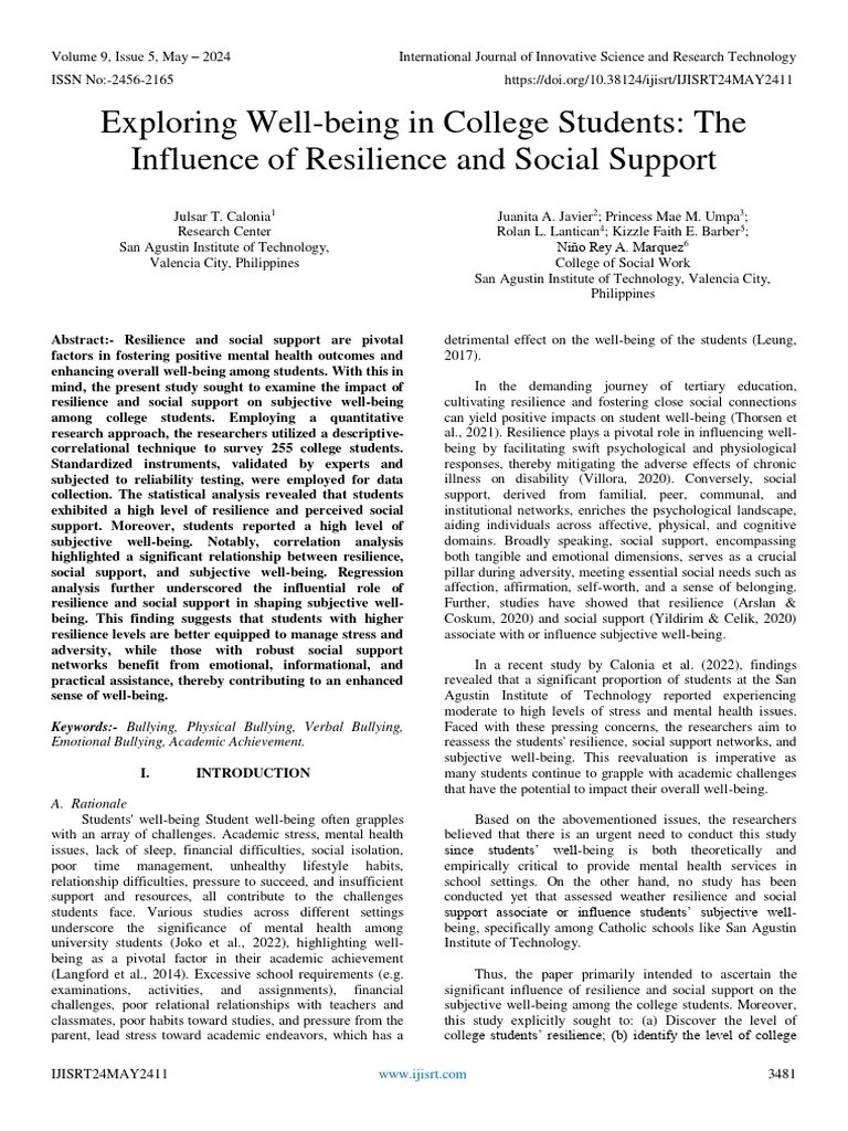 Exploring Well-Being In College Students: The Influence Of Resilience And Social Support | PDF ...