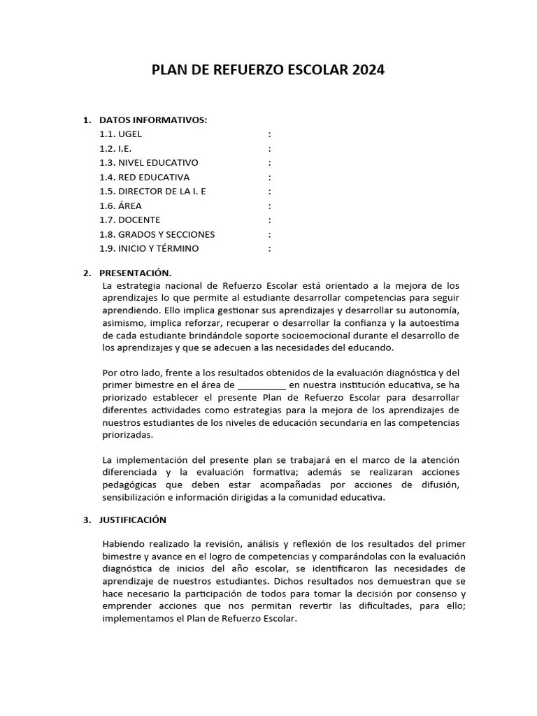 Formato Plan Refuerzo Escolar | Descargar Gratis PDF | Evaluación ...
