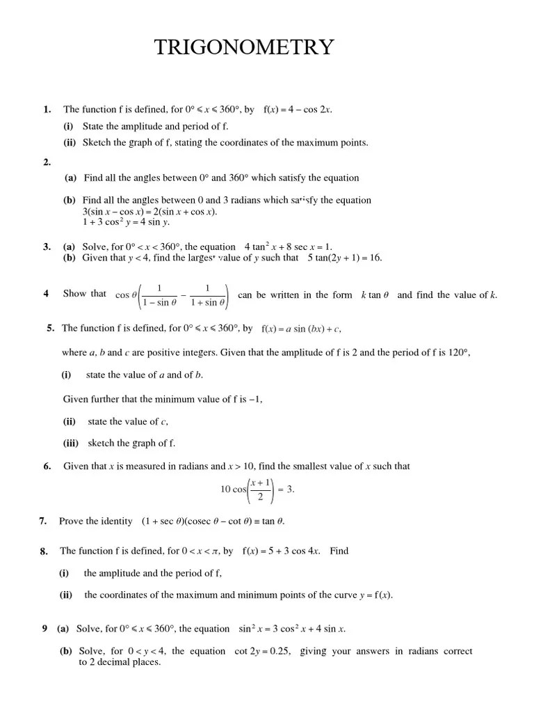 WORKSHEET-Trigonometry-Add Maths(with Answers) | PDF | Trigonometric ...