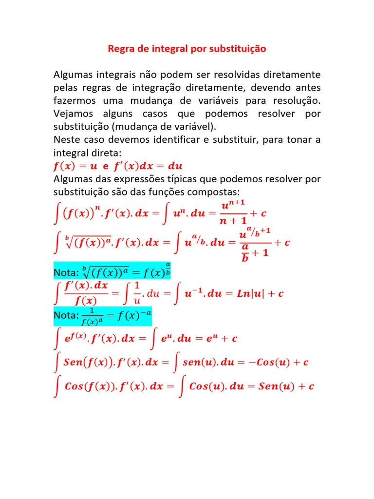 Aula - Teoria De Integrais Por Substituição - Com Gabarito - 2024 - 1 ...