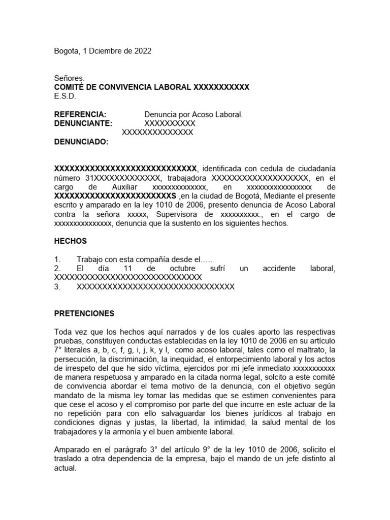 Modelo-Denuncia-Acoso-Laboral | PDF | Justicia | Crimen Y Violencia