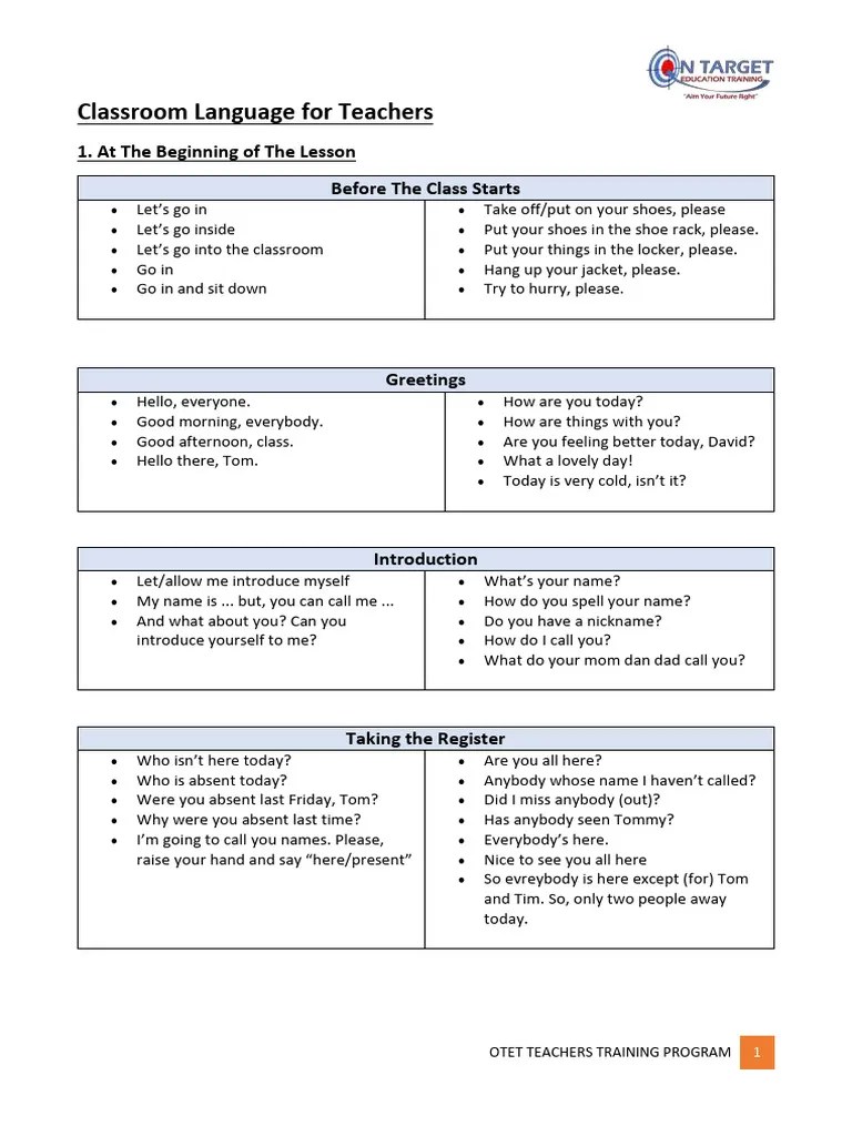 1 Classroom Language Worksheet | PDF