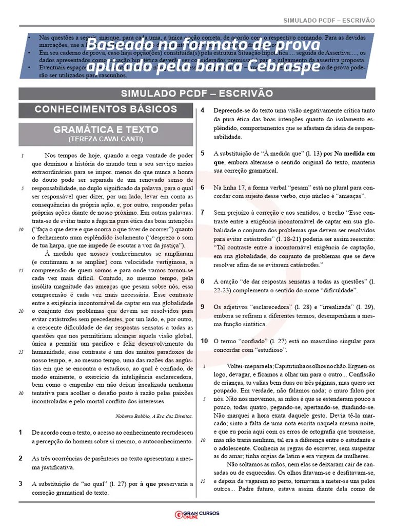 4° Simulado PCDF Escrivão - FOLHA DE RESPOSTAS 05-01 | Download Grátis ...