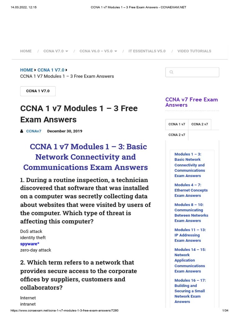 Ccna 1 V7 Modules 1 3 Free Exam Answers Ccnaexam | PDF | Computer ...