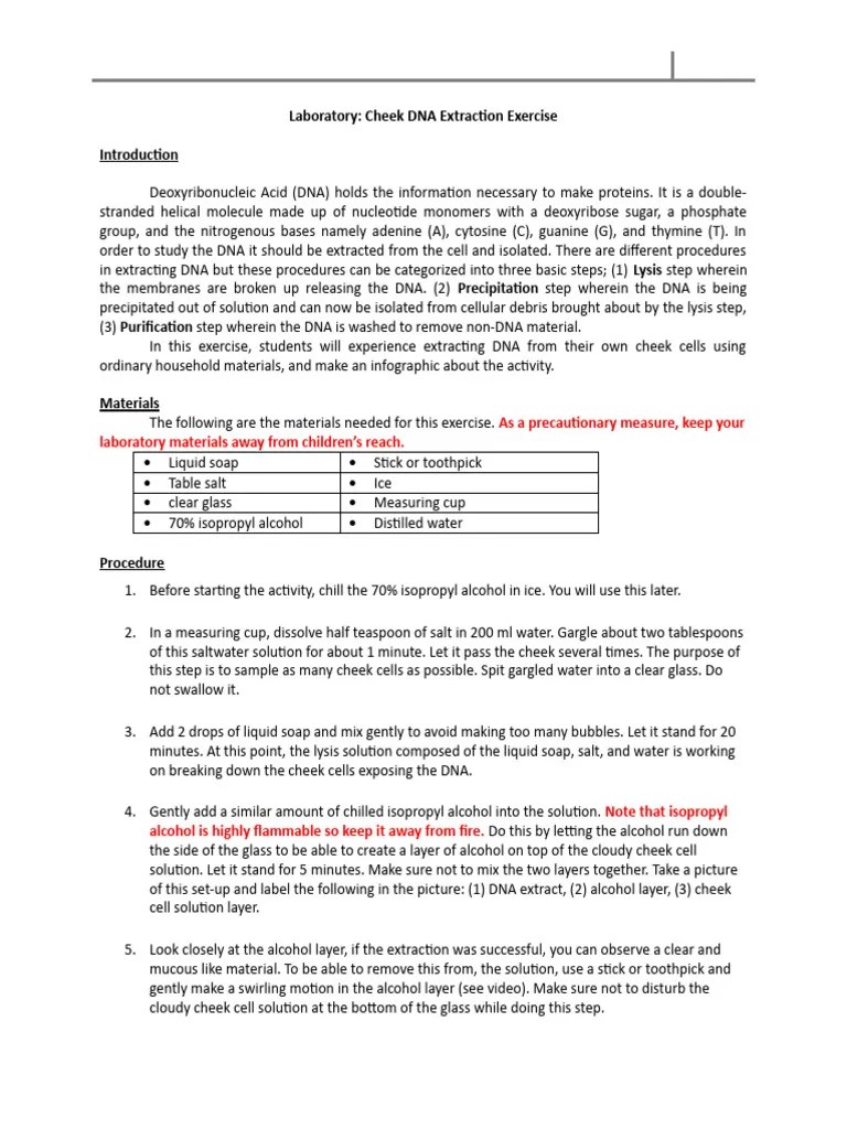 Exercise - Cheek DNA Extraction Procedure (AutoRecovered) | PDF | Dna | Biology