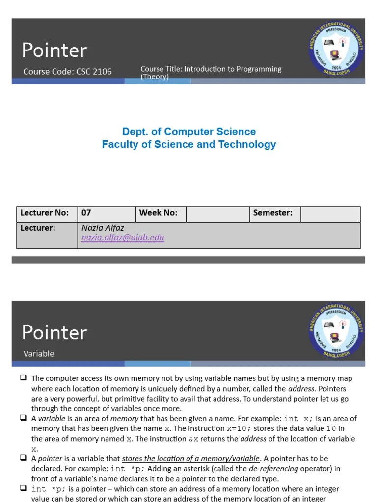 Lecture 7 Pointer | PDF | Pointer (Computer Programming) | Integer ...