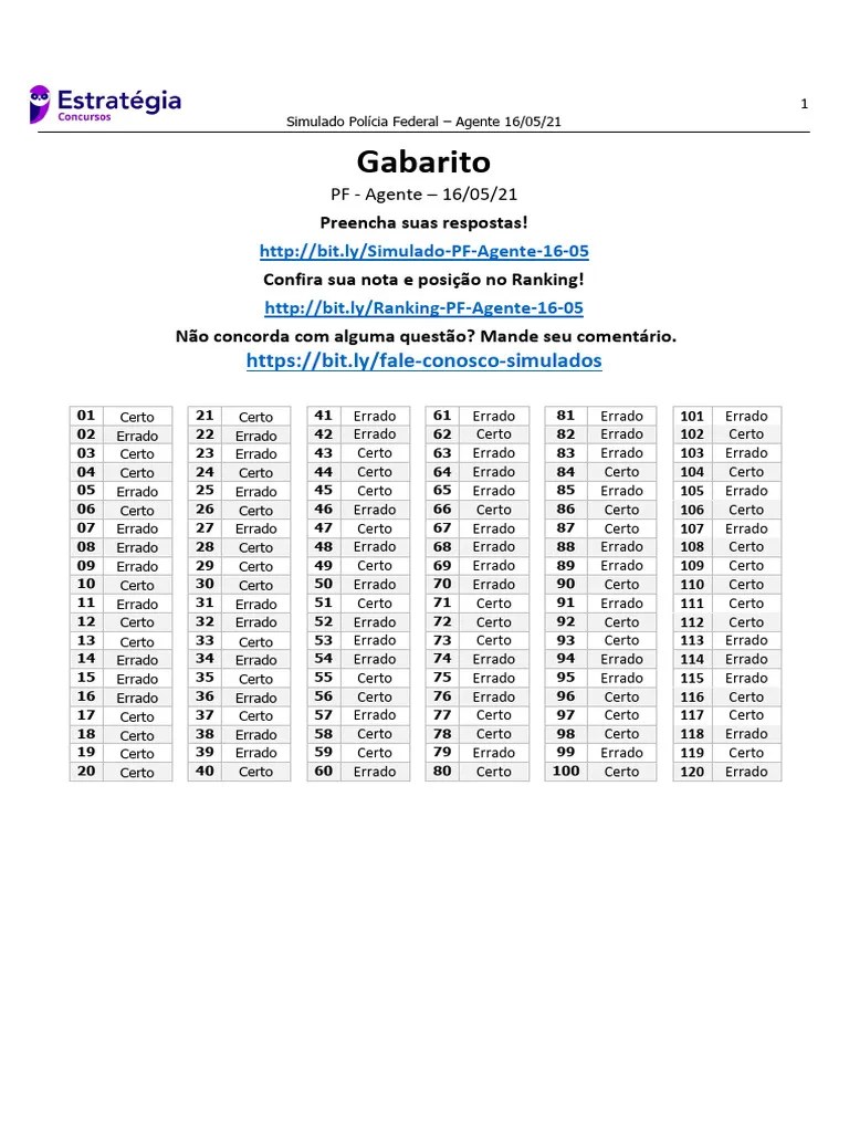 Gabarito - Simulado PF - Agente - 16-05-21 | PDF