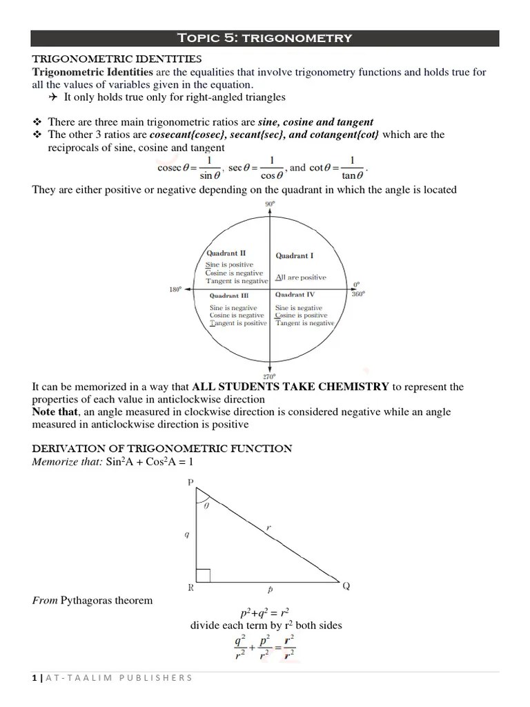 Topic 5 TRIGONOMETRY | PDF | Trigonometric Functions | Trigonometry