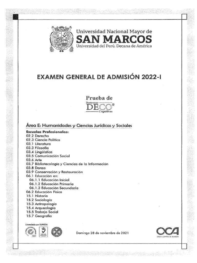 Examen De Admisión 2022-I ÁREA E | PDF