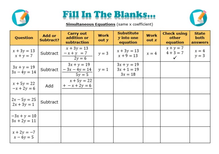 Simultaneous Equations Same X Coefficient Fill In The Blanks | PDF