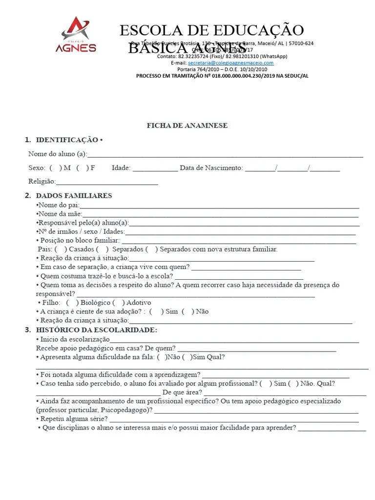 Ficha De Anamnese | PDF | Pedagogia