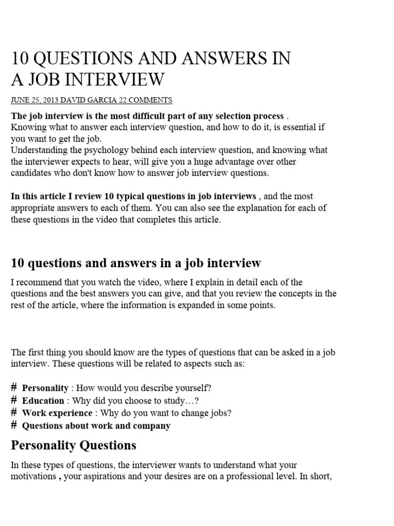 10 Questions And Answers In A Job Interview | PDF | Job Interview | Experience