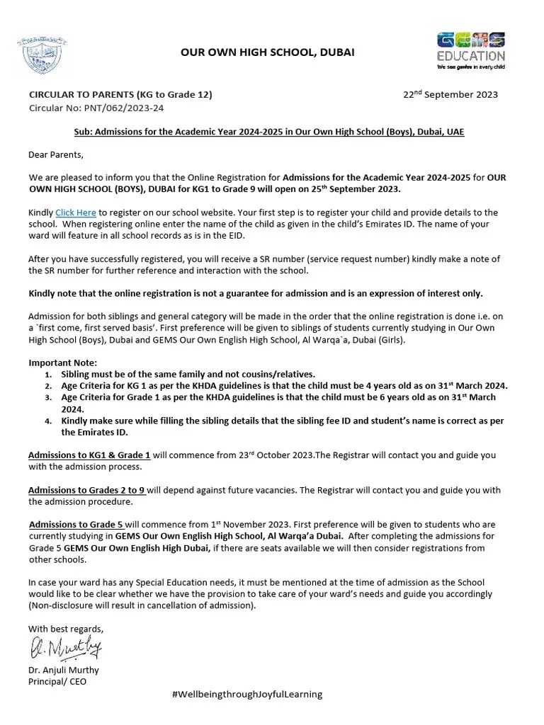 Circular - Admissions For The Academic Year 2024-2025-1 | PDF