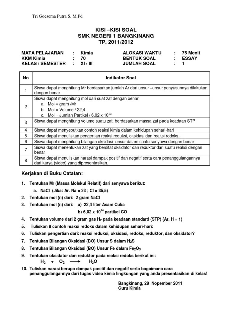 Soal uas kimia kelas xii +jawabannya 1. Contoh Soal Uas Kimia Kelas 12 Foto Modis