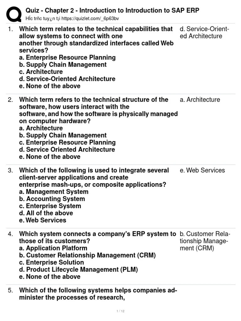 Quiz - Chapter 2 - Introduction To Introduction To SAP ERP | Download ...