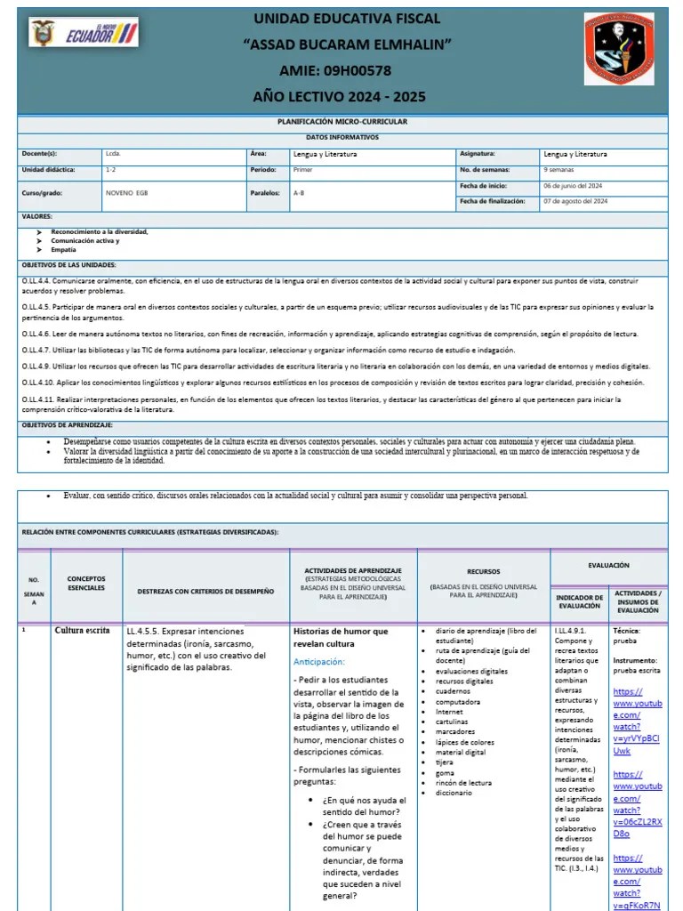 Lengua Y Literatura - PLANIFICACIÓN MICROCURRICULAR POR PERIODOS APLICANDO DUA 2024-2025 | PDF ...