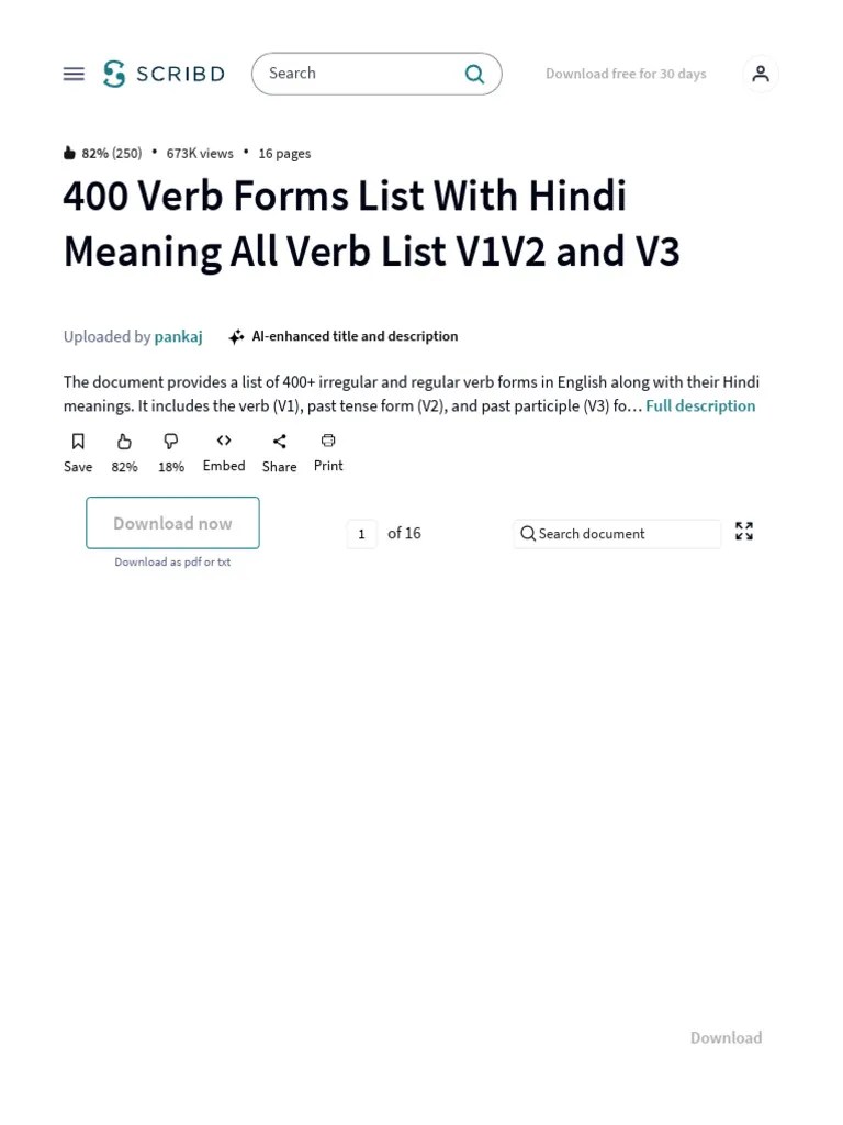 400 Verb Forms List With Hindi Meaning All Verb List V1V2 And V3 - PDF | Download Free PDF ...