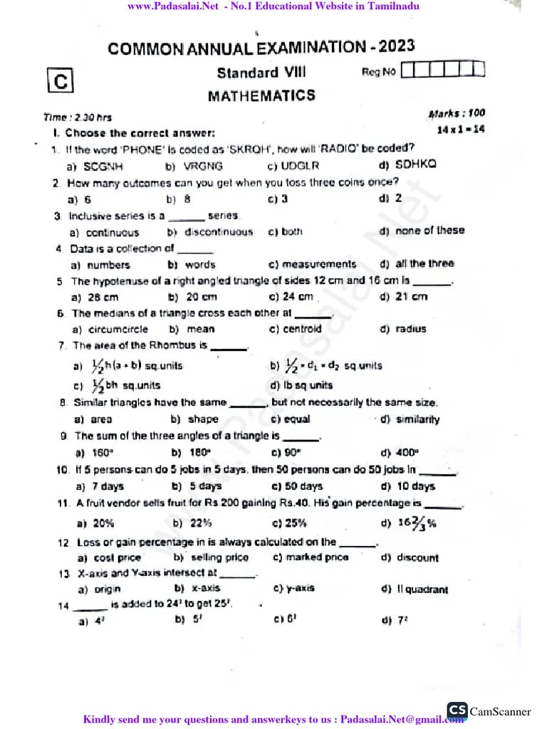 8th Maths EM Term 3 Exam 2023 Original Question Paper Ranipet District English Medium PDF ...